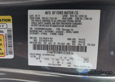 2017 Ford Mustang Ecoboost из США, поврежденный, VIN 1FA6P8TH8H5356836